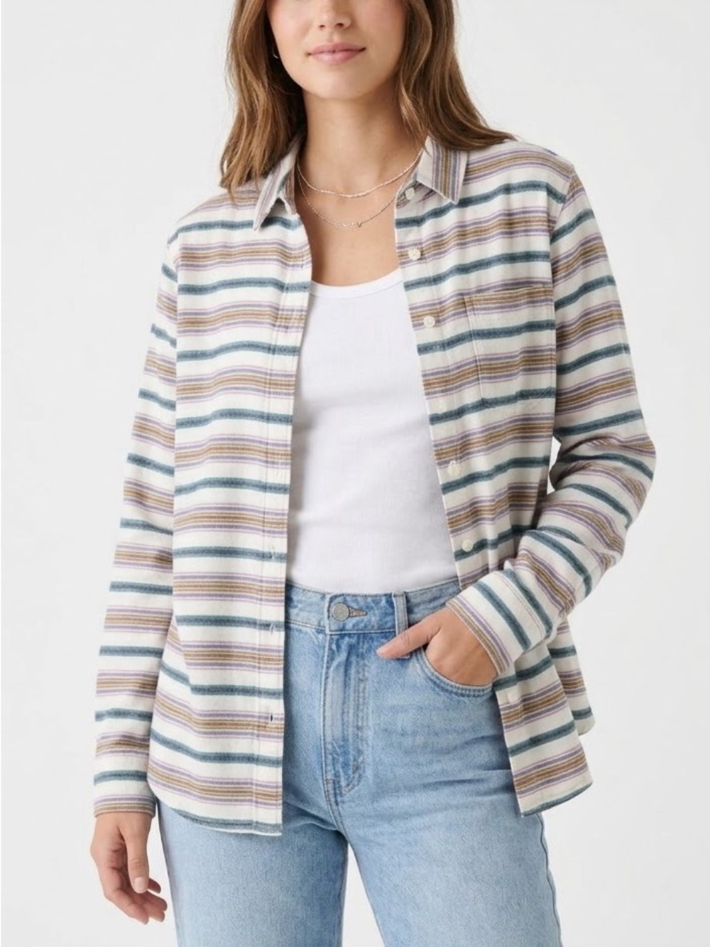 WildFang the essential long sleeve flannel button up shirt, white with stripes